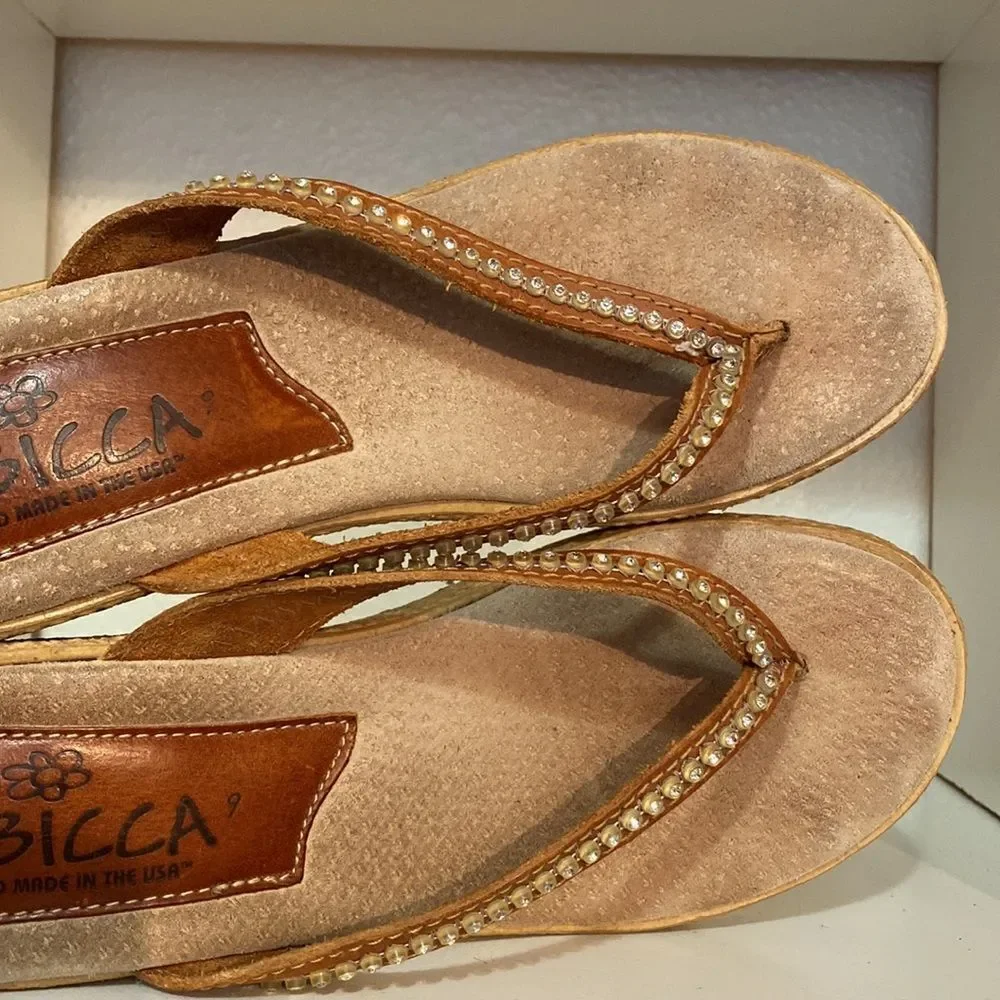 Sbicca Wedge Rhinestone Brown Thong Flip Flop Sandals
